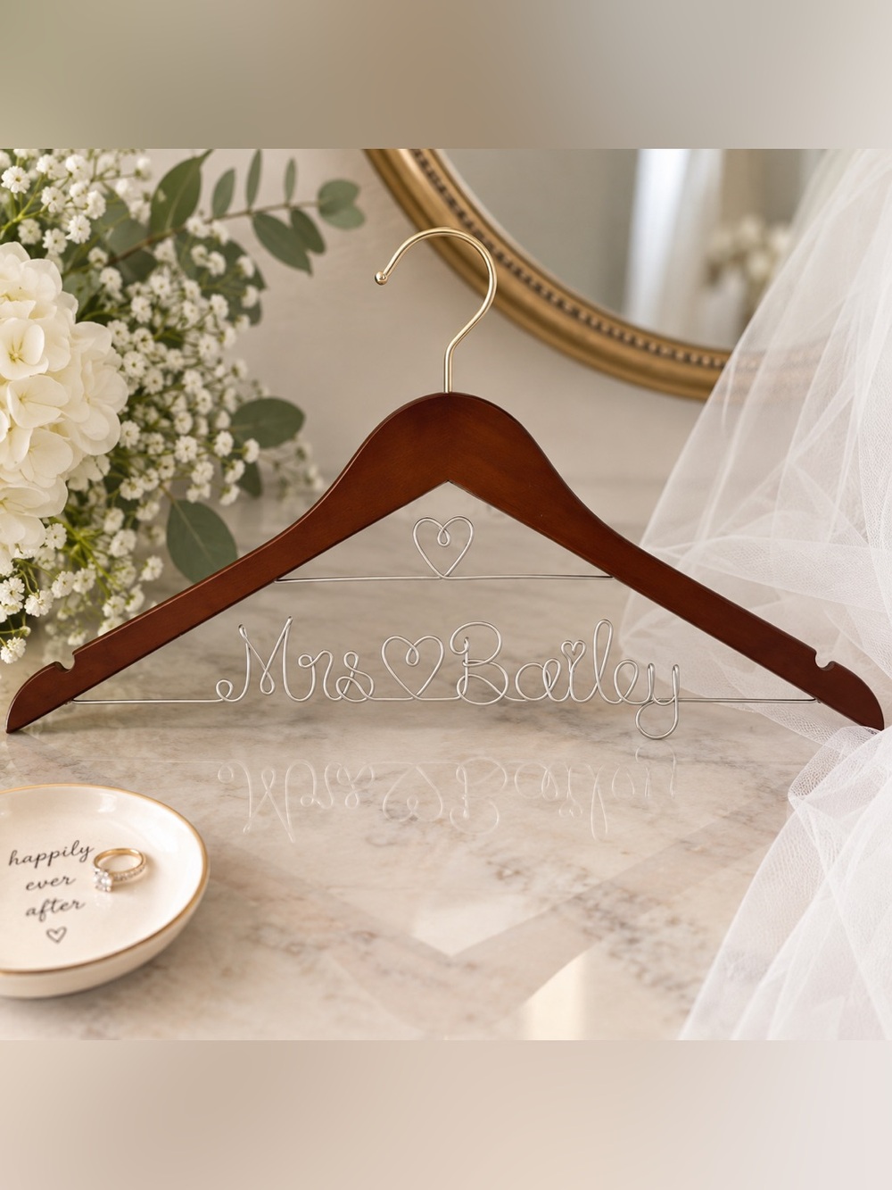 Custom Mrs Bailey Bridal Wedding Dress Hanger Wood Wire Bride Keepsake